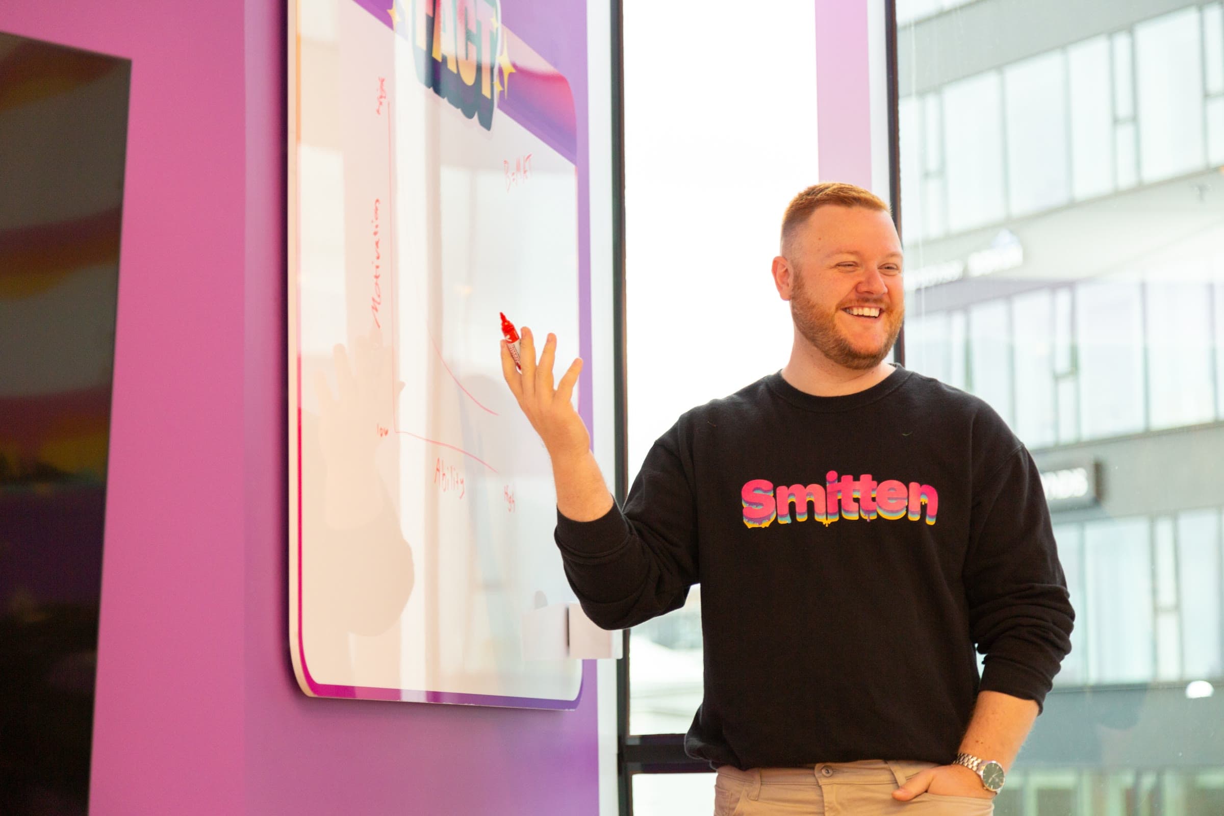 A founder in a Smitten sweatshirt sketching on the office whiteboard