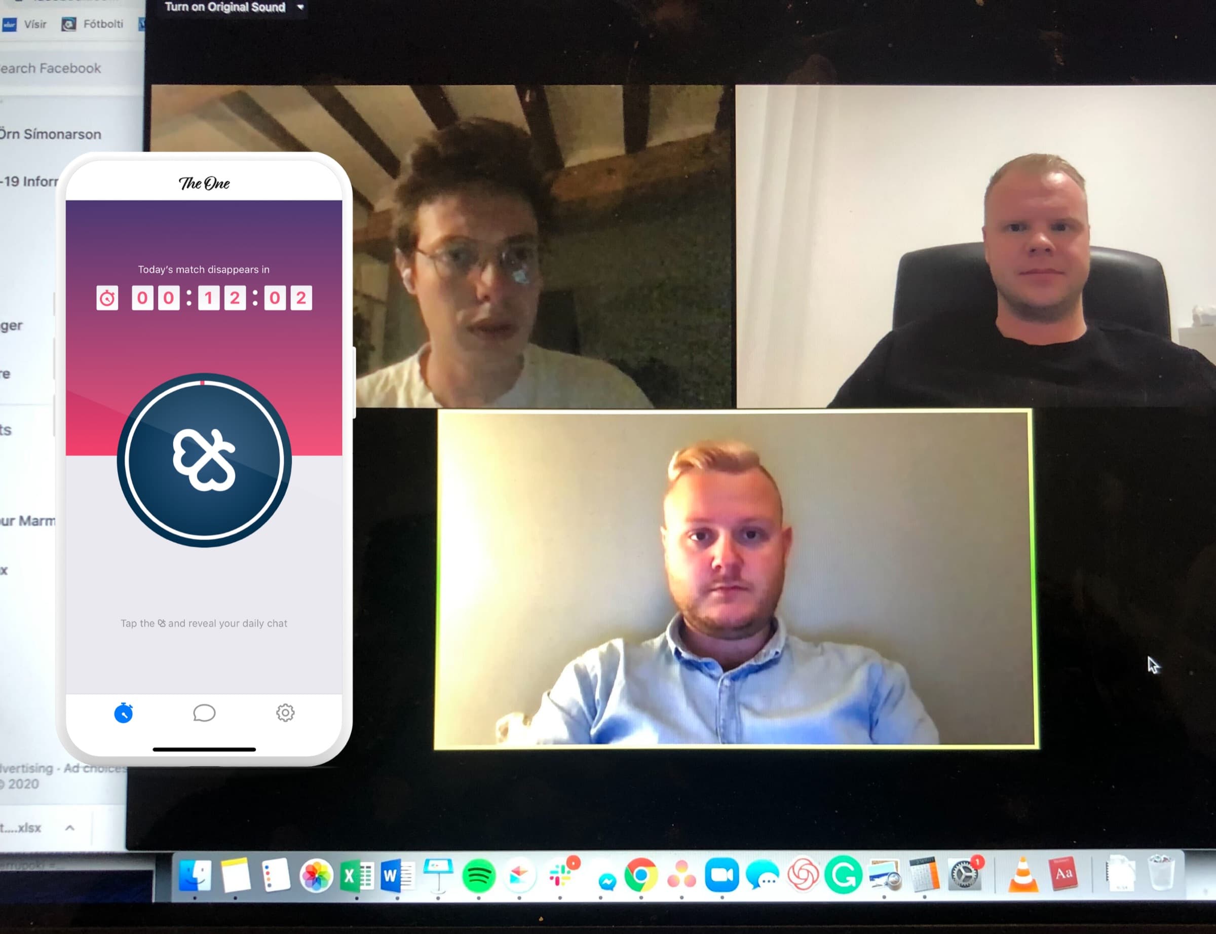 Davíð, Vísir, and Magnús on a video call, next to The One’s daily-match countdown
